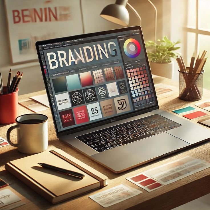 A laptop on a wooden desk displays branding design software with color palettes and logos, surrounded by notebooks, pens, and color swatches in a warm, sunlit workspace.