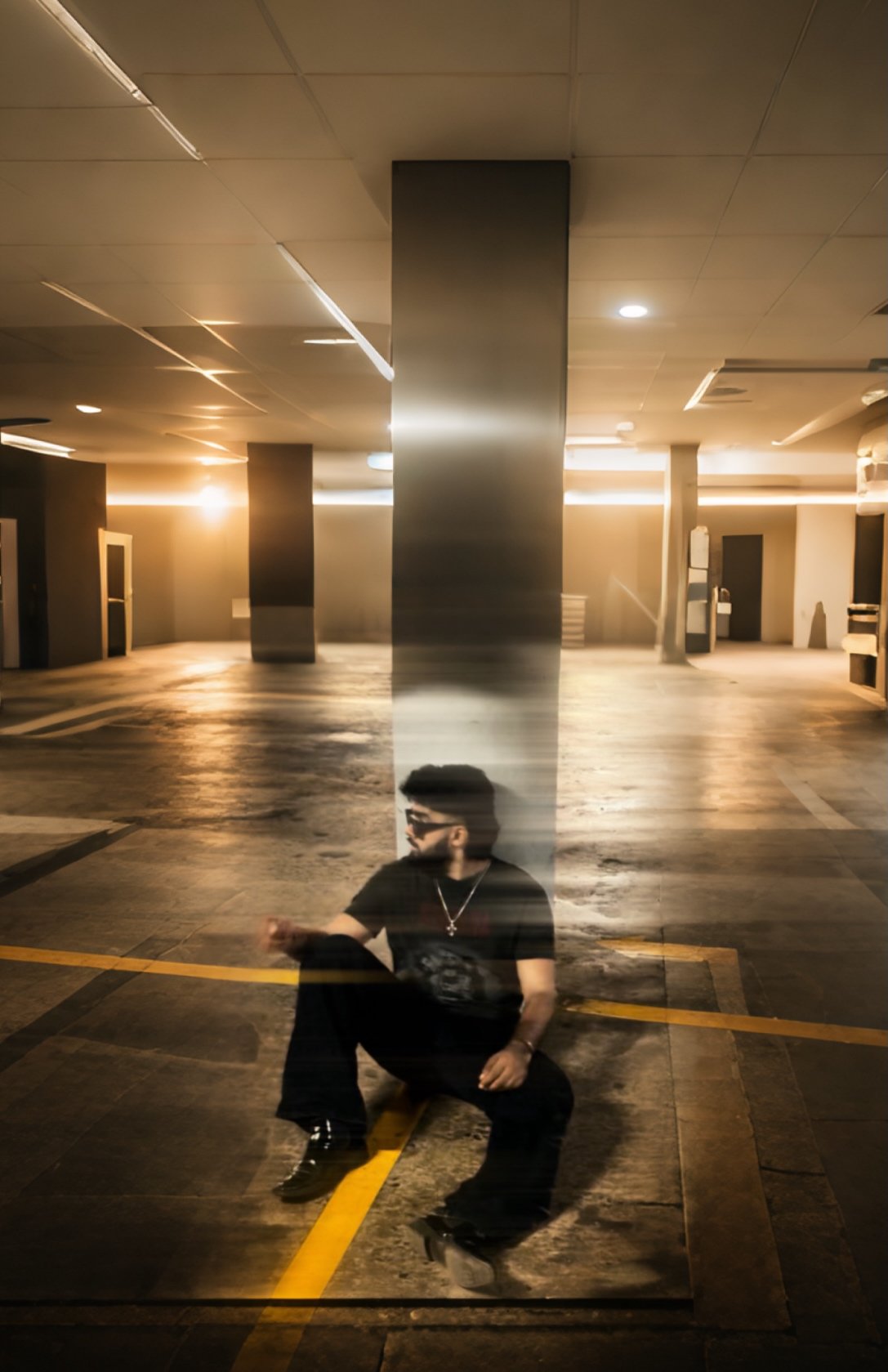 A man with a beard and sunglasses sits on the floor of a dimly lit, industrial-style parking garage or basement. He is leaning against a large concrete pillar, wearing a black t-shirt, dark trousers, and a silver necklace. The image features a cinematic, long-exposure effect with motion blur and warm, hazy lighting that creates a moody and atmospheric aesthetic. Golden light streaks and yellow floor markings add contrast to the dark, urban setting.