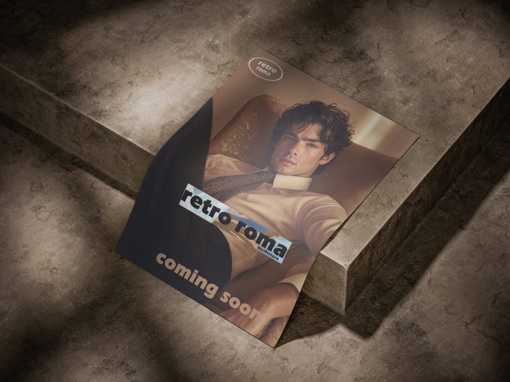 A promotional poster mockup for "Retro Roma Thrift Store" featuring a man in vintage-style clothing, resting on a concrete step with dramatic shadows.