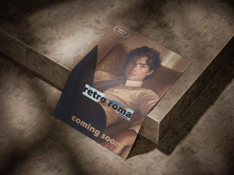 A promotional poster mockup for "Retro Roma Thrift Store" featuring a man in vintage-style clothing, resting on a concrete step with dramatic shadows.