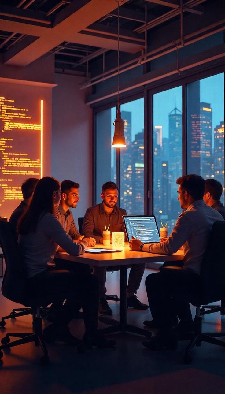 A group of people sitting around a table in a modern, dimly lit office at night, collaborating over a laptop with a city skyline visible through the large window behind them.