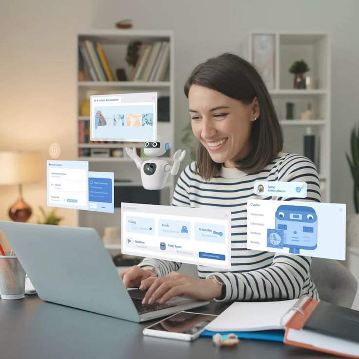 A woman smiling at her laptop with a small robot and digital interface windows floating in the air around her.
