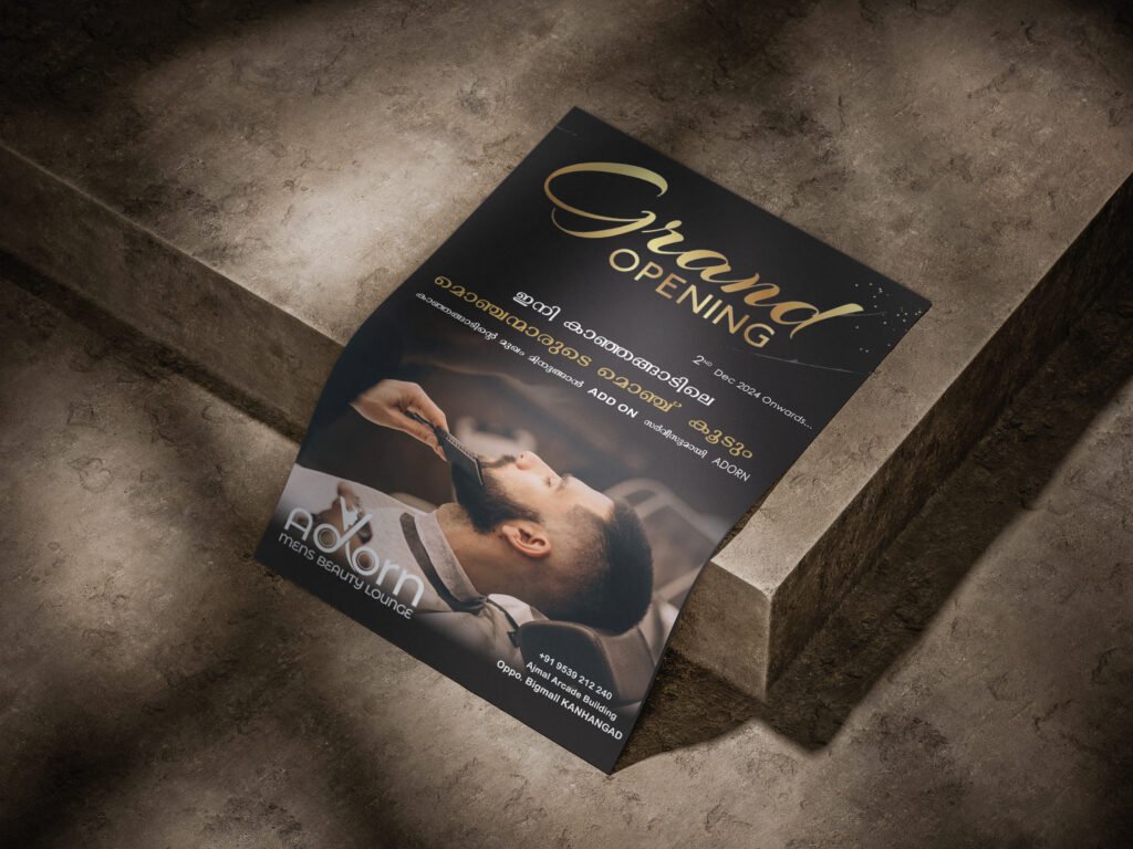 A grand opening announcement for "Adorn Mens Beauty Lounge" featuring a man receiving a beard trim, with gold text on a black background and location details for Kanhangad.