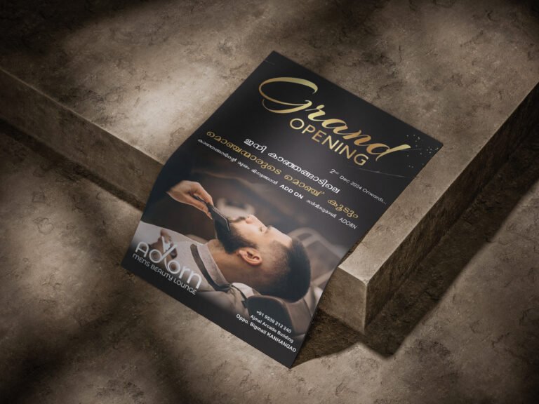 A grand opening announcement for "Adorn Mens Beauty Lounge" featuring a man receiving a beard trim, with gold text on a black background and location details for Kanhangad.