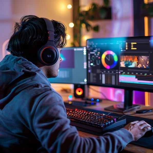 A person with dark hair and a gray hoodie is sitting at a desk, facing away from the camera.