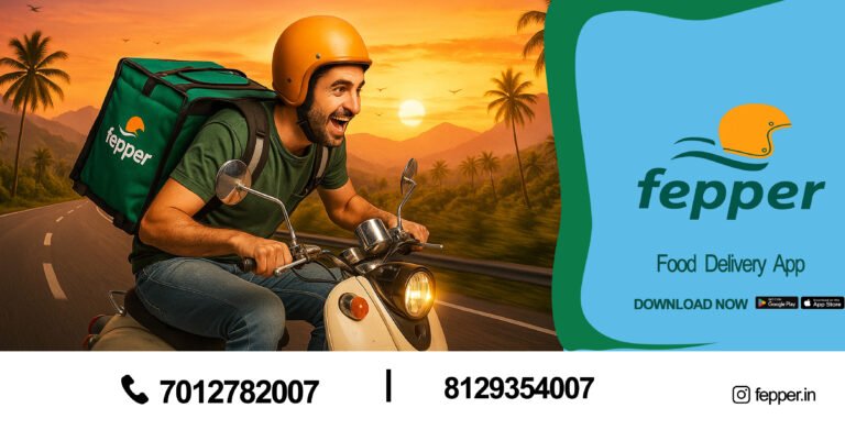 A smiling delivery driver on a scooter carrying a green "fepper" food delivery bag on a tropical road at sunset, next to a promotional banner for the fepper Food Delivery App.